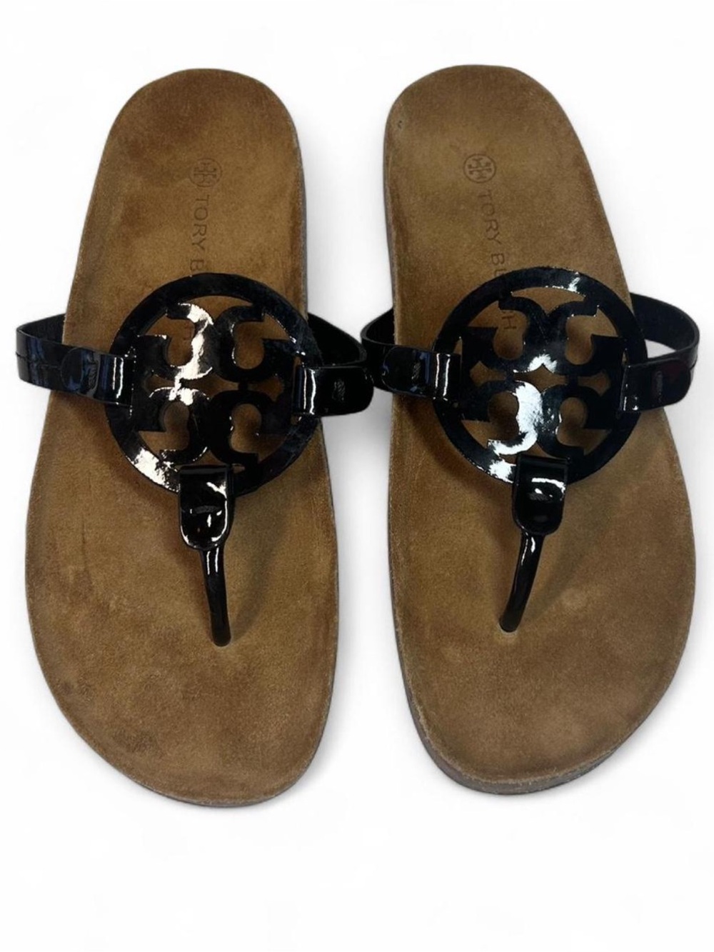 Tory Burch Miller Cloud Sandal in the Perfect Black / Natural colorway. Sz 9